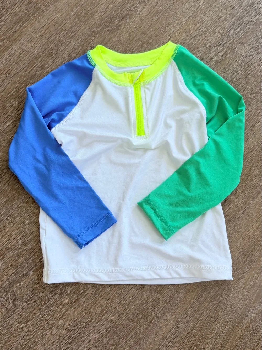 wonder nation Kids Rashguard Long Sleeve - White, Blue, Green, Neon Yellow Trim